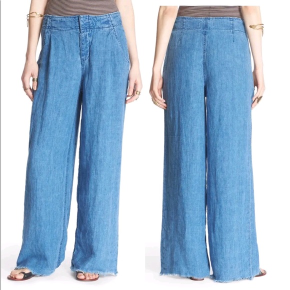 Free People Pants - Free People denim look linen wide leg raw hem pant
